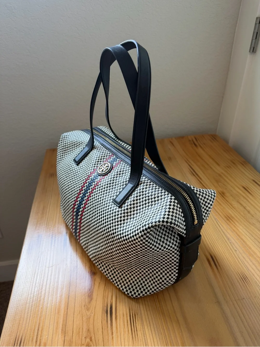 Tory Burch Black & White Woven Leather Tote